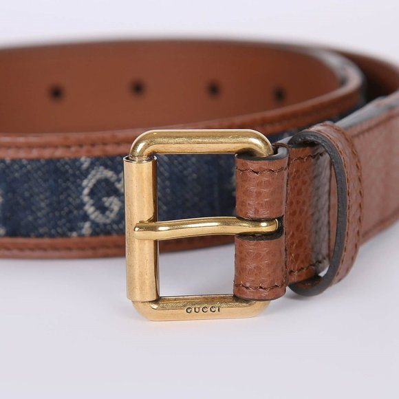Gucci GG Jacquard Denim and Leather Belt 65/25.5